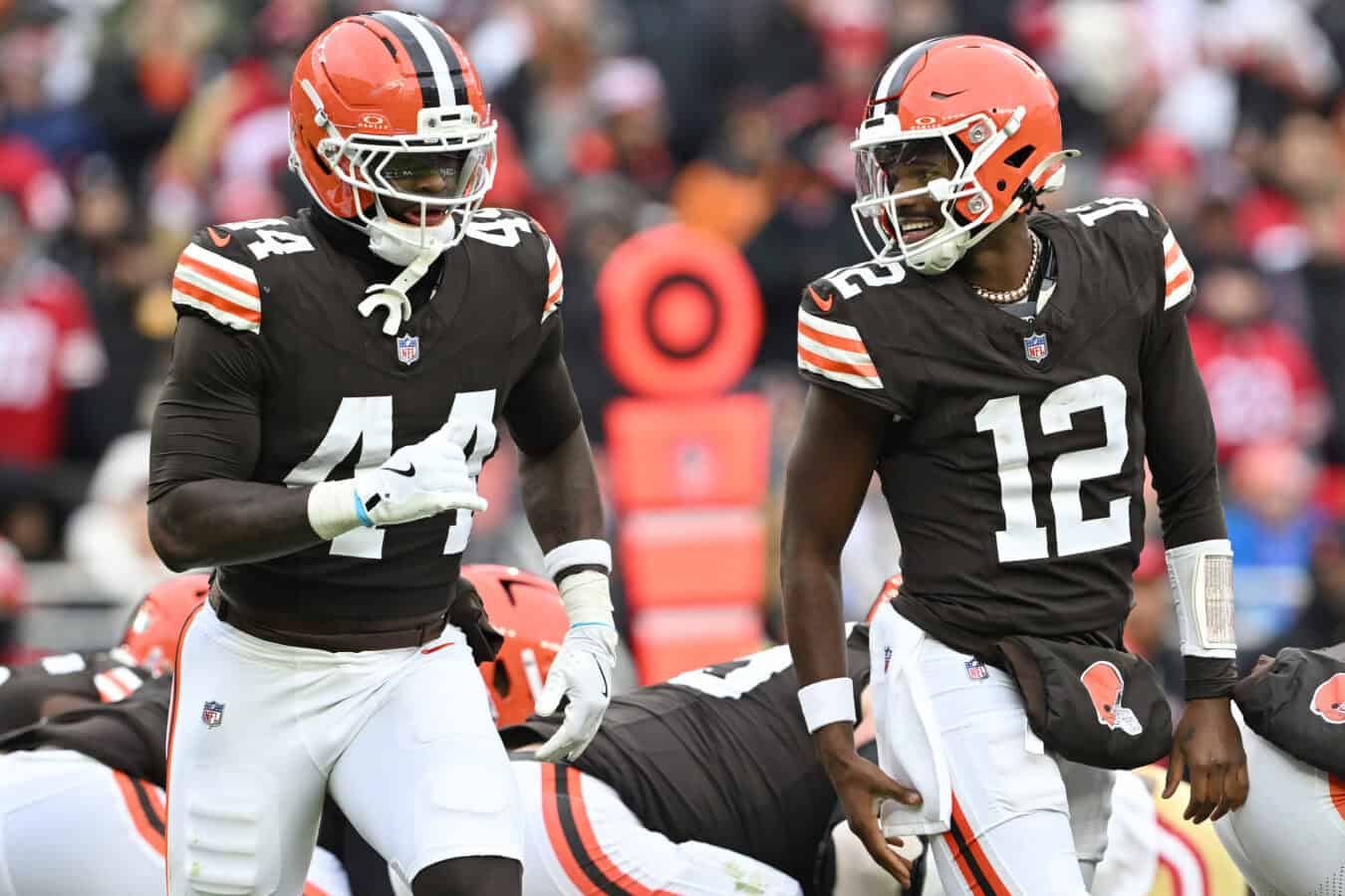 CLEVELAND, OHIO - NOVEMBER 30: Harold Fannin Jr. #44 and Shedeur Sanders #12 of the Cleveland Browns talk at the line of scrimmage against the San Francisco 49ers in the second quarter of a game at Huntington Bank Field on November 30, 2025 in Cleveland, Ohio.