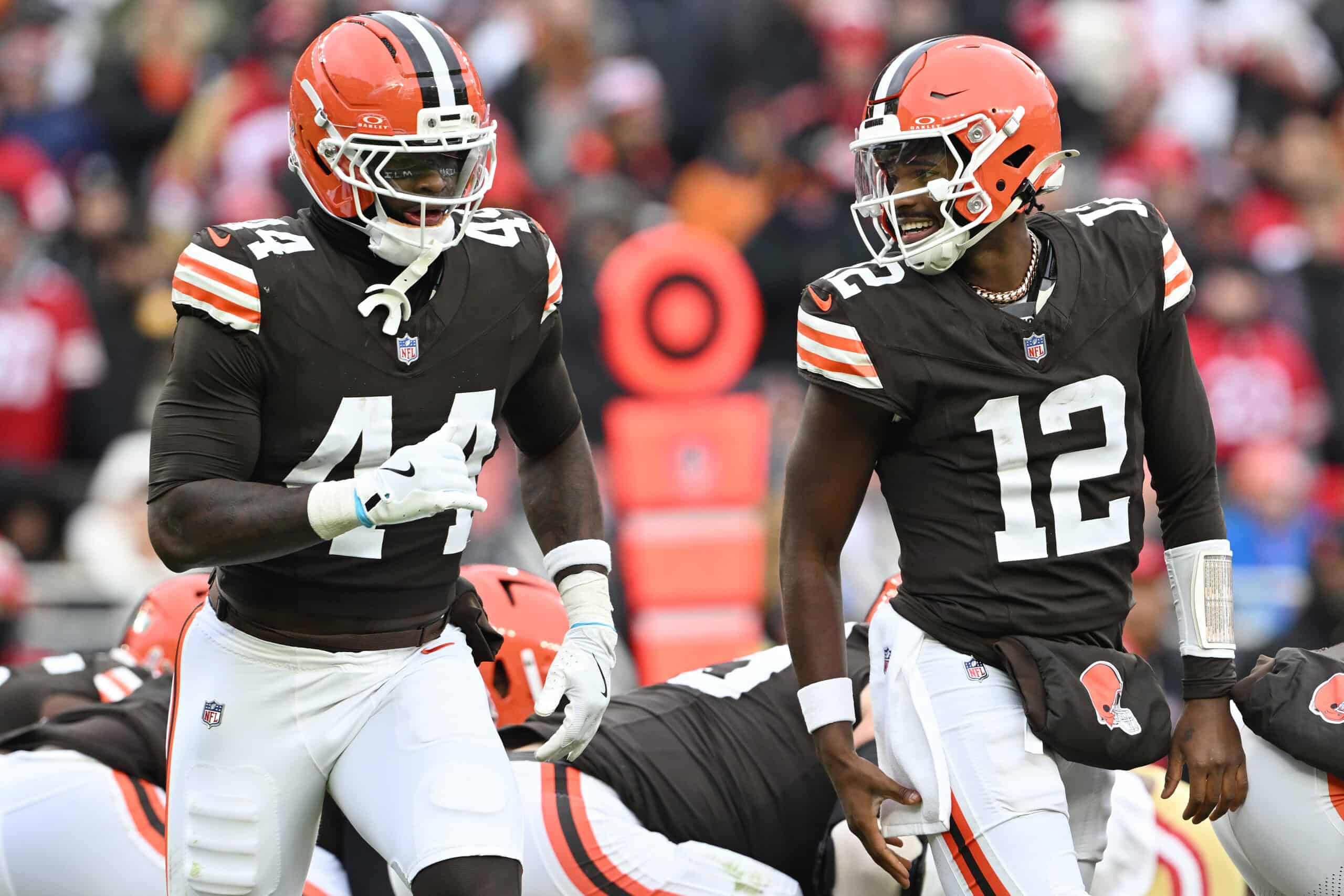 CLEVELAND, OHIO - NOVEMBER 30: Harold Fannin Jr. #44 and Shedeur Sanders #12 of the Cleveland Browns talk at the line of scrimmage against the San Francisco 49ers in the second quarter of a game at Huntington Bank Field on November 30, 2025 in Cleveland, Ohio.