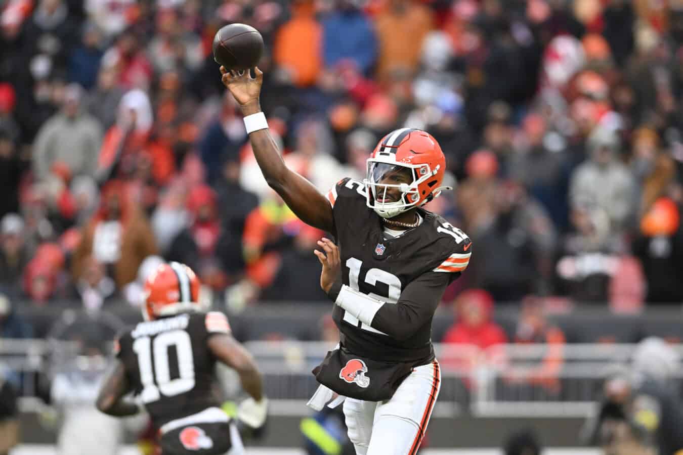 CLEVELAND, OHIO - NOVEMBER 30: Shedeur Sanders #12 of the Cleveland Browns looks to pass against the San Francisco 49ers in the third quarter of a game at Huntington Bank Field on November 30, 2025 in Cleveland, Ohio.