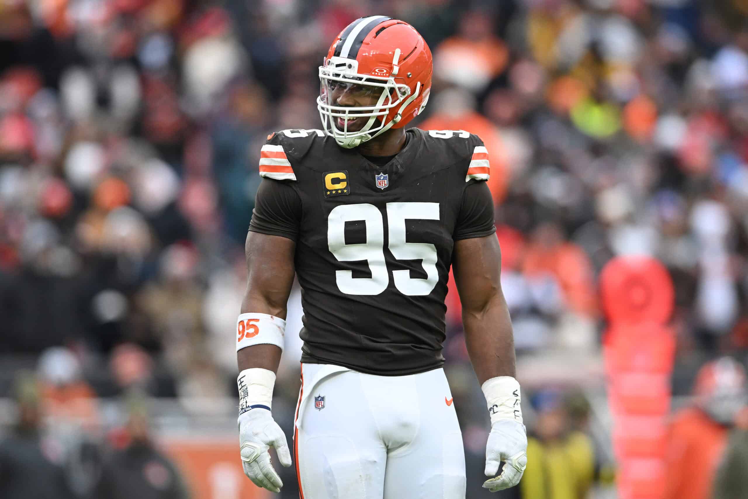 CLEVELAND, OHIO - NOVEMBER 30: Myles Garrett #95 of the Cleveland Browns looks on in the third quarter of a game against the San Francisco 49ers at Huntington Bank Field on November 30, 2025 in Cleveland, Ohio.