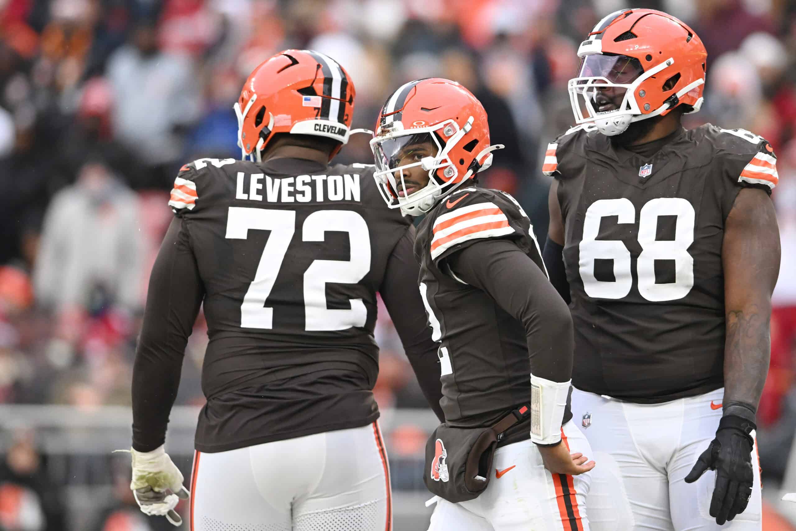 CLEVELAND, OHIO - NOVEMBER 30: Shedeur Sanders #12 of the Cleveland Browns reacts during the third quarter against the San Francisco 49ers at Huntington Bank Field on November 30, 2025 in Cleveland, Ohio.