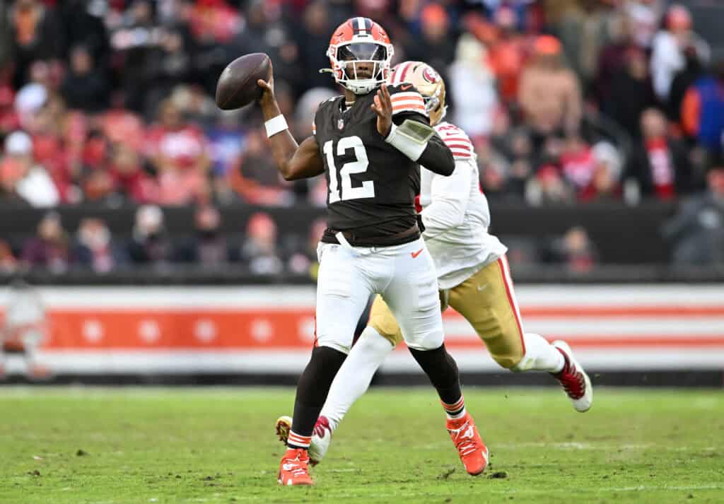 CLEVELAND, OHIO - NOVEMBER 30: Shedeur Sanders #12 of the Cleveland Browns throws a pass against the San Francisco 49ers during the fourth quarter at Huntington Bank Field on November 30, 2025 in Cleveland, Ohio.