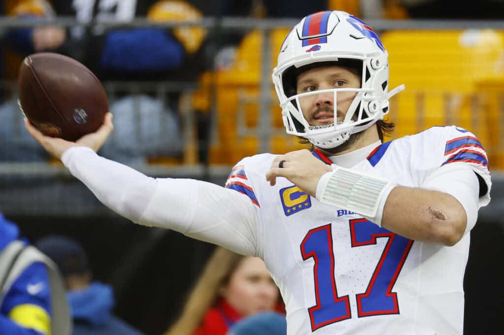 PITTSBURGH, PENNSYLVANIA - NOVEMBER 30: Josh Allen #17 of the Buffalo Bills warms up prior to a game against the Pittsburgh Steelers at Acrisure Stadium on November 30, 2025 in Pittsburgh, Pennsylvania.