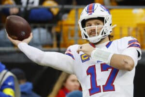 PITTSBURGH, PENNSYLVANIA - NOVEMBER 30: Josh Allen #17 of the Buffalo Bills warms up prior to a game against the Pittsburgh Steelers at Acrisure Stadium on November 30, 2025 in Pittsburgh, Pennsylvania.