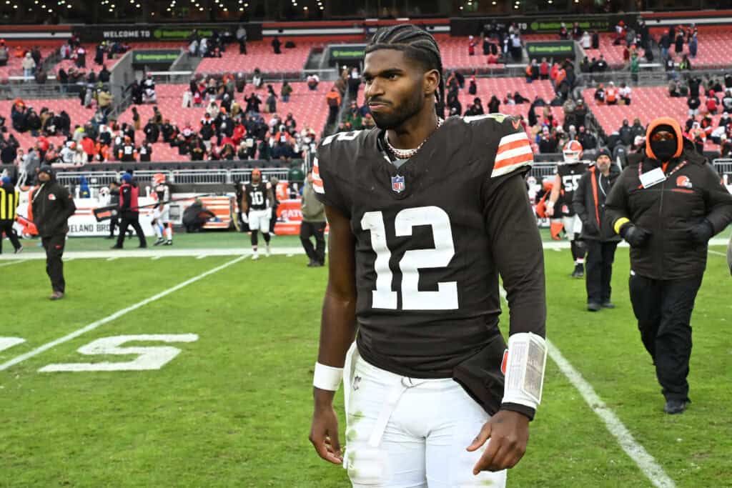 CLEVELAND, OHIO - NOVEMBER 30: Shedeur Sanders #12 of the Cleveland Browns reacts after his team was defeated by the San Francisco 49ers at Huntington Bank Field on November 30, 2025 in Cleveland, Ohio.