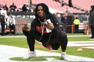 CLEVELAND, OHIO - DECEMBER 07: Quinshon Judkins #10 of the Cleveland Browns looks on prior to a game against the Tennessee Titans at Huntington Bank Field on December 07, 2025 in Cleveland, Ohio.