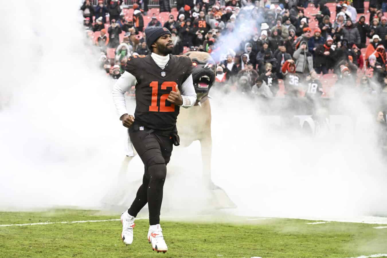 CLEVELAND, OHIO - DECEMBER 07: Shedeur Sanders #12 of the Cleveland Browns takes the field prior to a game against the Tennessee Titans at Huntington Bank Field on December 07, 2025 in Cleveland, Ohio.