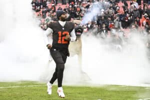 CLEVELAND, OHIO - DECEMBER 07: Shedeur Sanders #12 of the Cleveland Browns takes the field prior to a game against the Tennessee Titans at Huntington Bank Field on December 07, 2025 in Cleveland, Ohio.