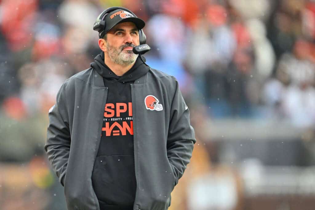 CLEVELAND, OHIO - DECEMBER 07: Head coach Kevin Stefanski of the Cleveland Browns looks on dd1h against the Tennessee Titans at Huntington Bank Field on December 07, 2025 in Cleveland, Ohio.