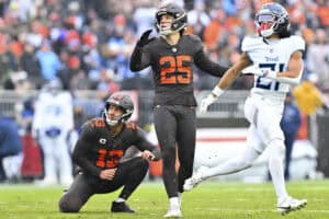 CLEVELAND, OHIO - DECEMBER 07: Andre Szmyt #25 of the Cleveland Browns kicks a first quarter field goal against the Tennessee Titans at Huntington Bank Field on December 07, 2025 in Cleveland, Ohio.