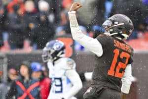 CLEVELAND, OHIO - DECEMBER 07: Shedeur Sanders #12 of the Cleveland Browns celerbates a second quarter touchdown against the Tennessee Titans at Huntington Bank Field on December 07, 2025 in Cleveland, Ohio.