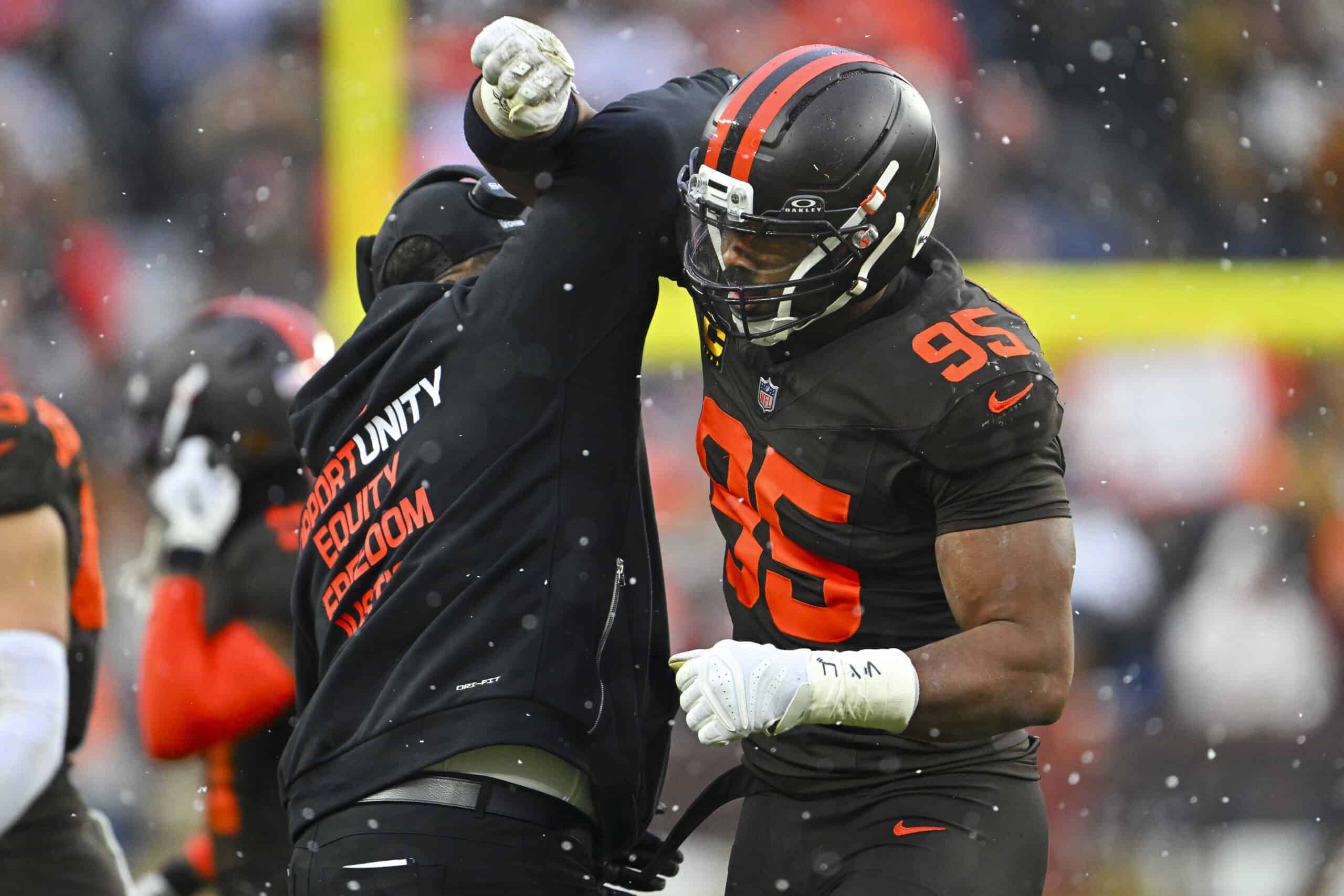 CLEVELAND, OHIO - DECEMBER 07: Myles Garrett #95 of the Cleveland Browns celebrates a second quarter sack against the Tennessee Titans at Huntington Bank Field on December 07, 2025 in Cleveland, Ohio.