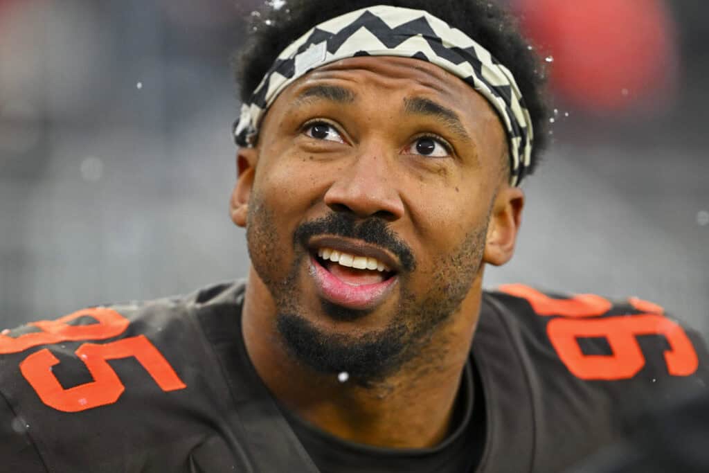 CLEVELAND, OHIO - DECEMBER 07: Myles Garrett #95 of the Cleveland Browns looks on during the second quarter against the Tennessee Titans at Huntington Bank Field on December 07, 2025 in Cleveland, Ohio.
