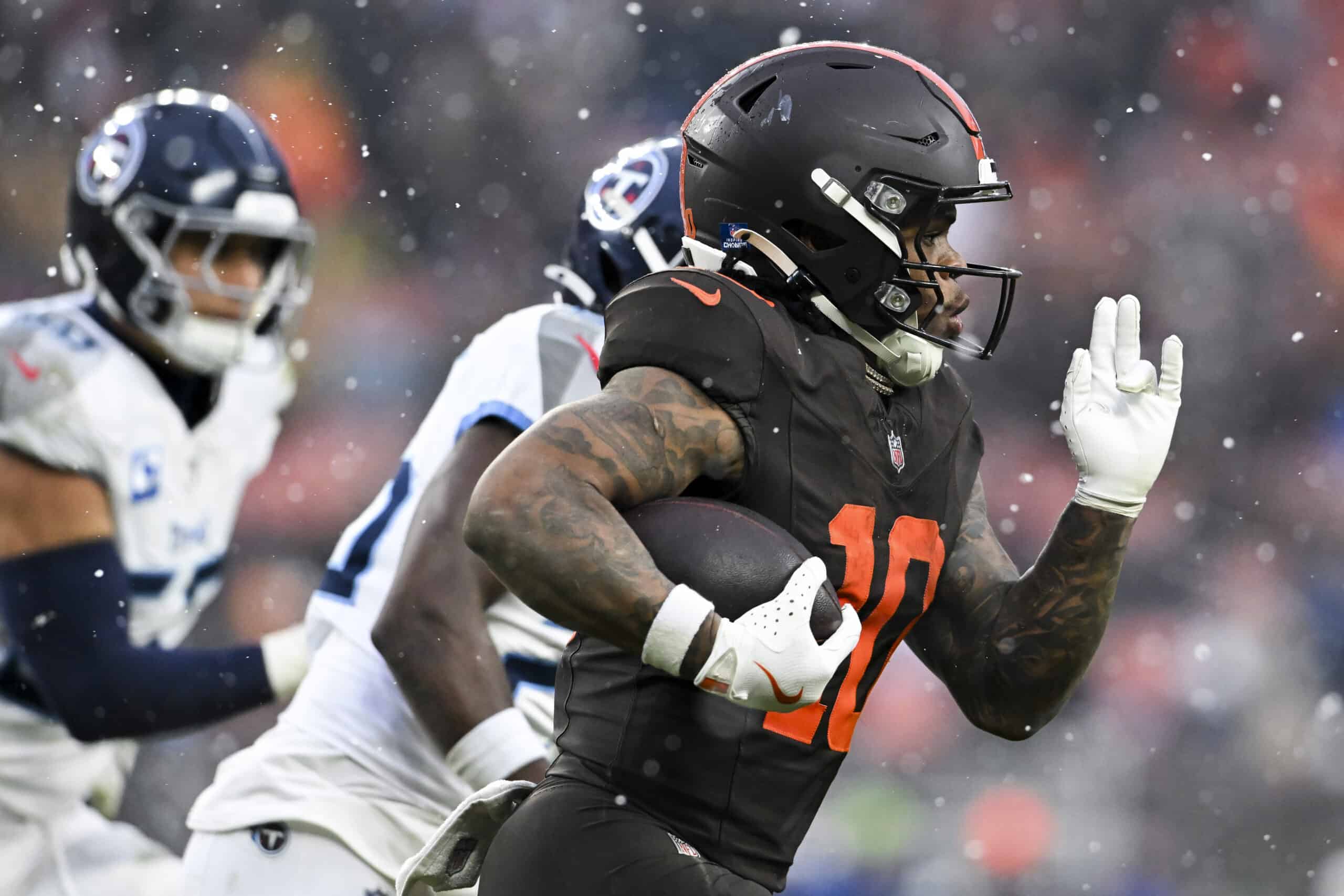 CLEVELAND, OHIO - DECEMBER 07: Quinshon Judkins #10 of the Cleveland Browns runs with the ball during the third quarter against the Tennessee Titans at Huntington Bank Field on December 07, 2025 in Cleveland, Ohio.