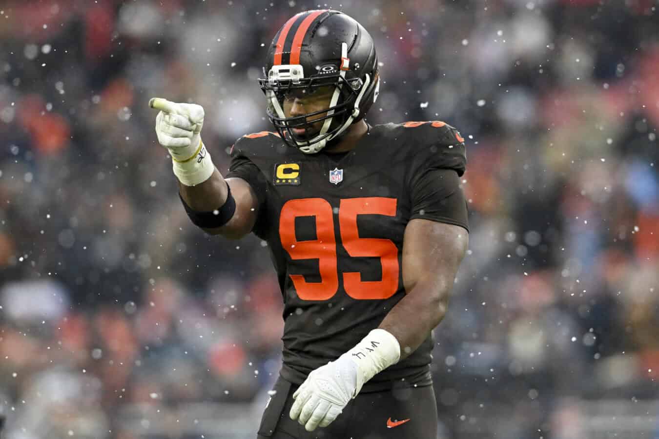 CLEVELAND, OHIO - DECEMBER 07: Myles Garrett #95 of the Cleveland Browns looks on during the fourth quarter against the Tennessee Titans at Huntington Bank Field on December 07, 2025 in Cleveland, Ohio.