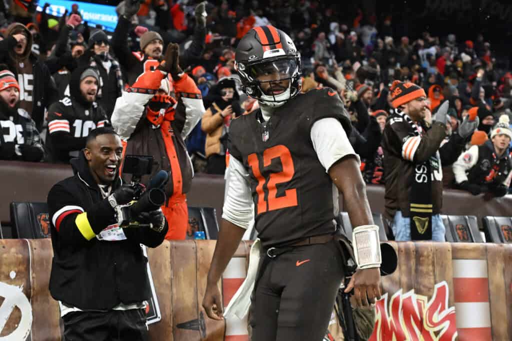 CLEVELAND, OHIO - DECEMBER 07: Shedeur Sanders #12 of the Cleveland Browns reacts during the fourth quarter against the Tennessee Titans at Huntington Bank Field on December 07, 2025 in Cleveland, Ohio.