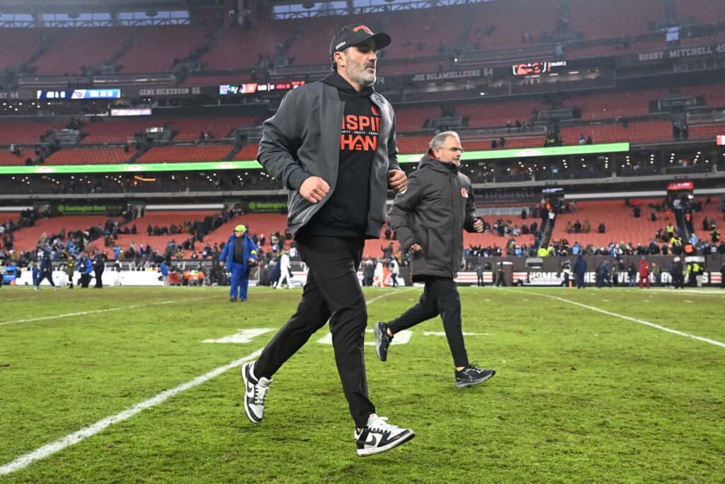 CLEVELAND, OHIO - DECEMBER 07: Head coach Kevin Stefanski of the Cleveland Browns leaves the field after losing to the Tennessee Titans 31-29 at Huntington Bank Field on December 07, 2025 in Cleveland, Ohio.