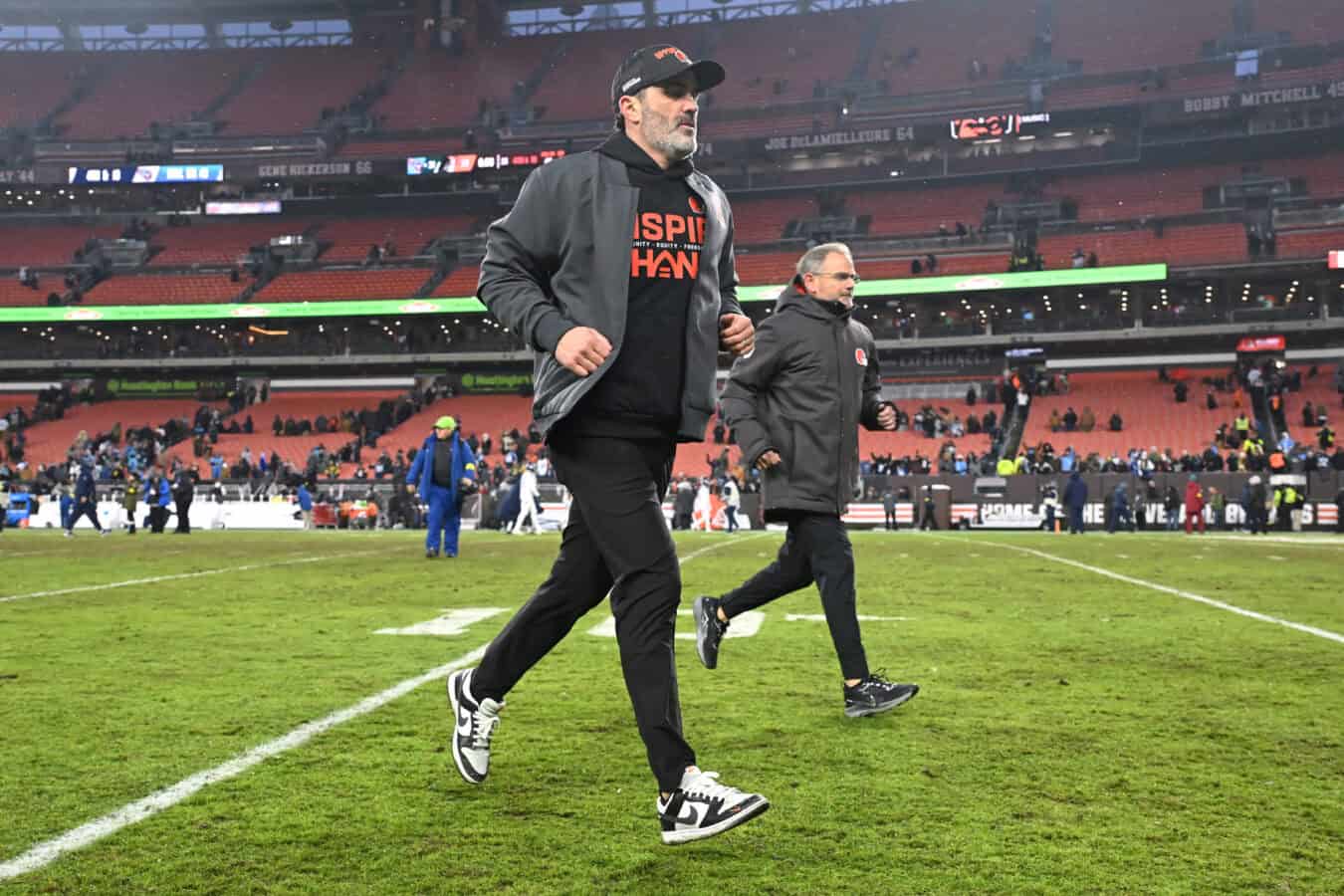 CLEVELAND, OHIO - DECEMBER 07: Head coach Kevin Stefanski of the Cleveland Browns leaves the field after losing to the Tennessee Titans 31-29 at Huntington Bank Field on December 07, 2025 in Cleveland, Ohio.