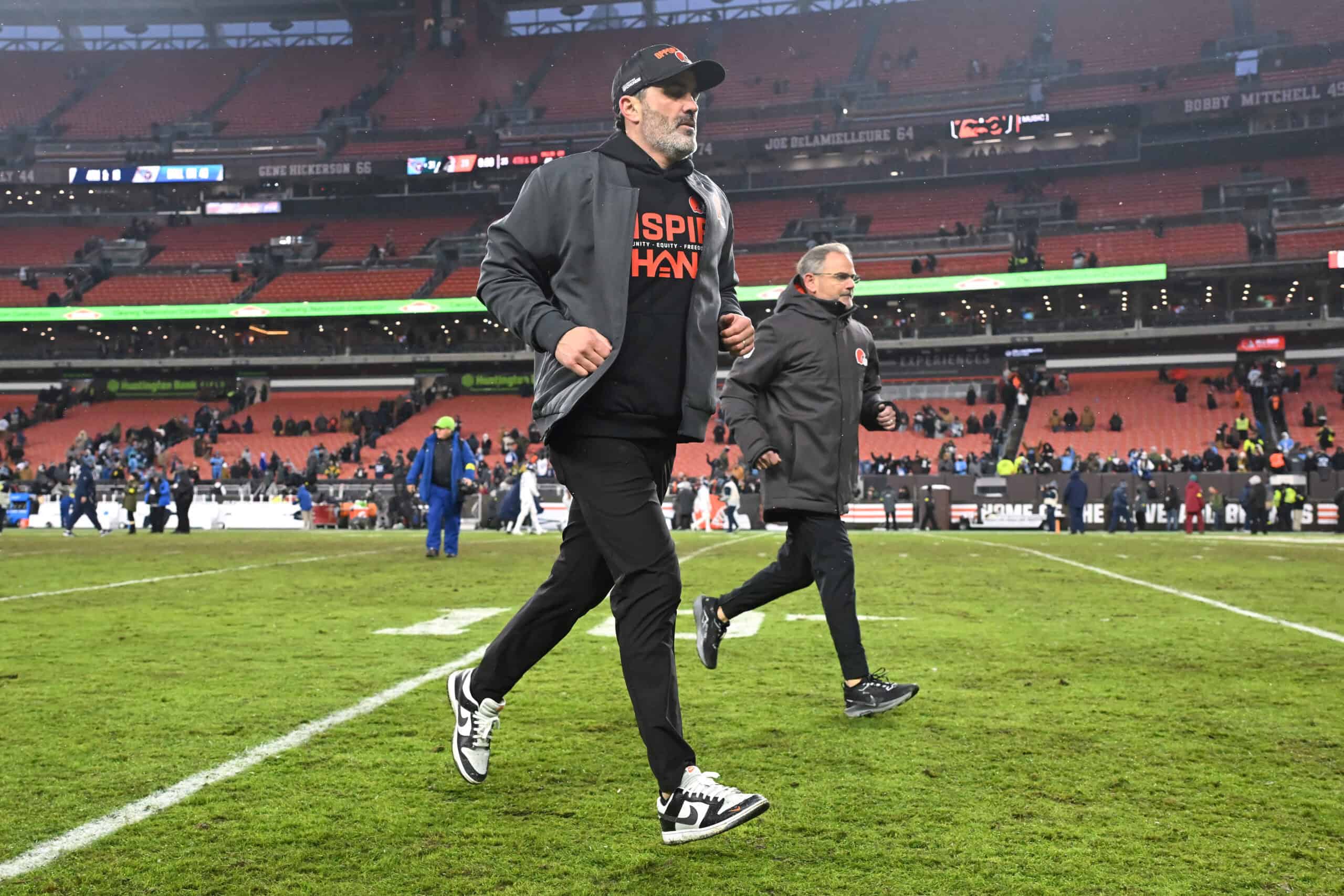 CLEVELAND, OHIO - DECEMBER 07: Head coach Kevin Stefanski of the Cleveland Browns leaves the field after losing to the Tennessee Titans 31-29 at Huntington Bank Field on December 07, 2025 in Cleveland, Ohio.
