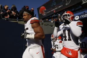CHICAGO, ILLINOIS - DECEMBER 14: Myles Garrett #95 of the Cleveland Browns takes the field prior to a game against the Chicago Bears at Soldier Field on December 14, 2025 in Chicago, Illinois.