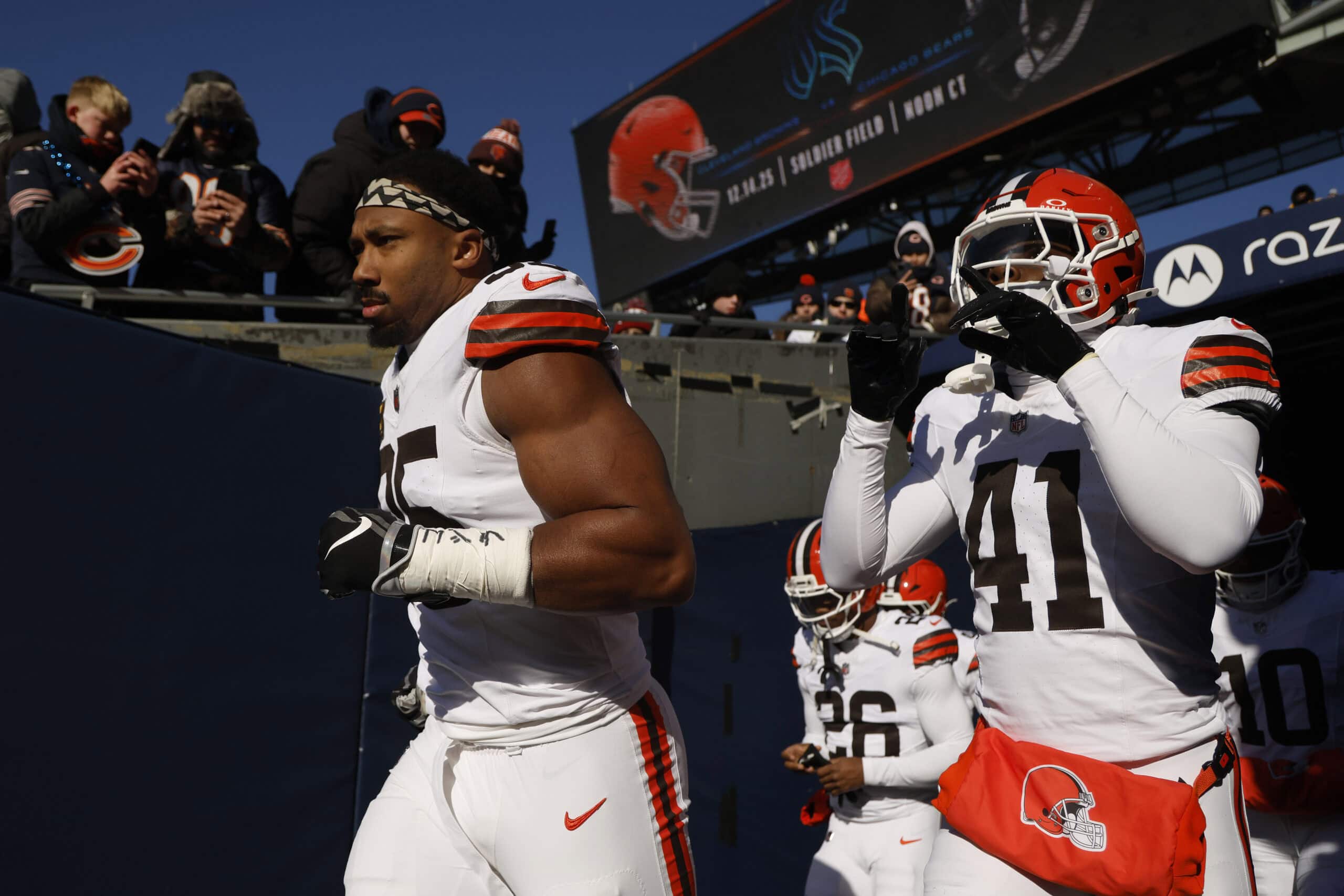CHICAGO, ILLINOIS - DECEMBER 14: Myles Garrett #95 of the Cleveland Browns takes the field prior to a game against the Chicago Bears at Soldier Field on December 14, 2025 in Chicago, Illinois.
