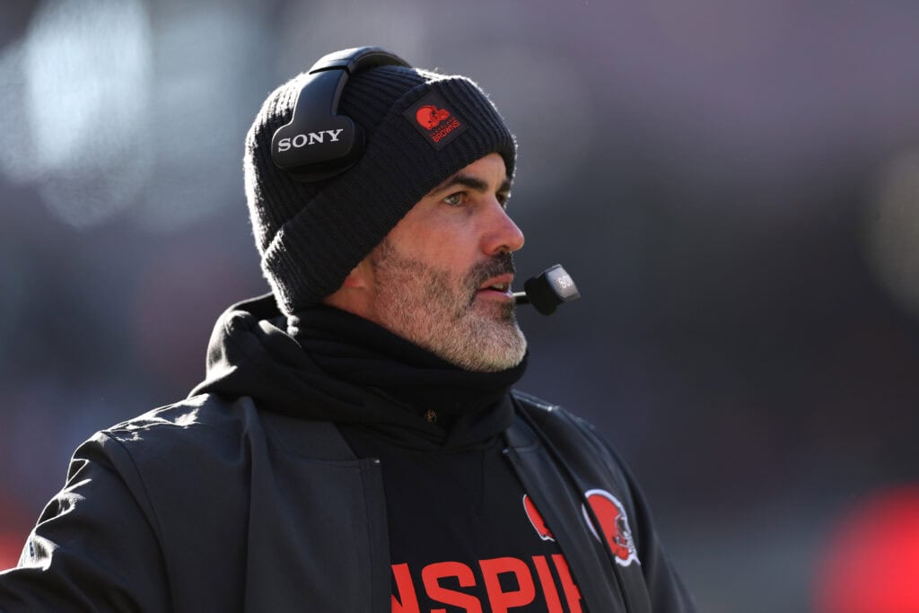 CHICAGO, ILLINOIS - DECEMBER 14: Kevin Stefanski of the Cleveland Browns looks on during the first quarter of a game against the Chicago Bears at Soldier Field on December 14, 2025 in Chicago, Illinois