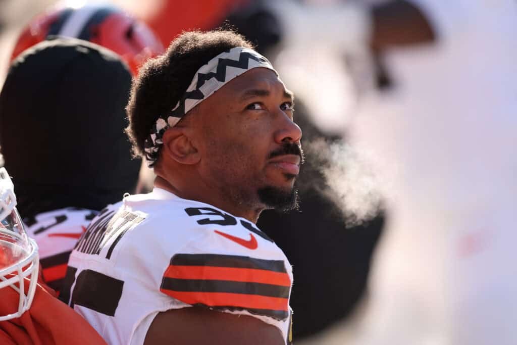 CHICAGO, ILLINOIS - DECEMBER 14: Myles Garrett #95 of the Cleveland Browns looks on during the first half against the Chicago Bears at Soldier Field on December 14, 2025 in Chicago, Illinois.