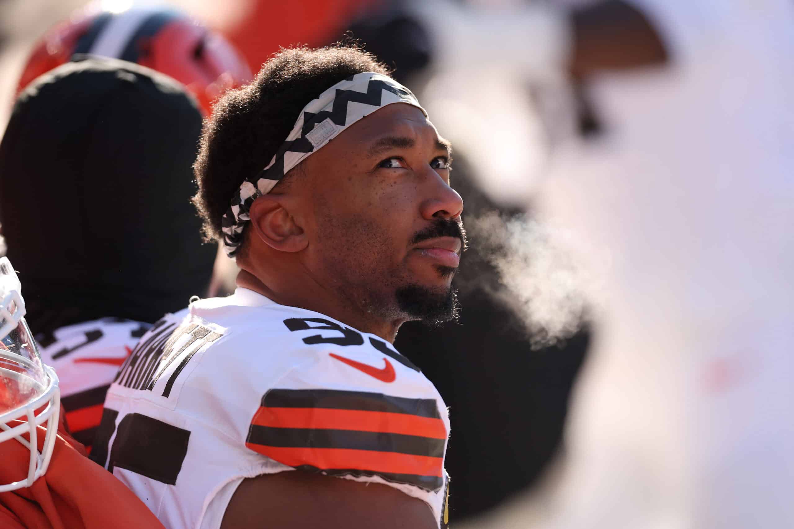 CHICAGO, ILLINOIS - DECEMBER 14: Myles Garrett #95 of the Cleveland Browns looks on during the first half against the Chicago Bears at Soldier Field on December 14, 2025 in Chicago, Illinois.