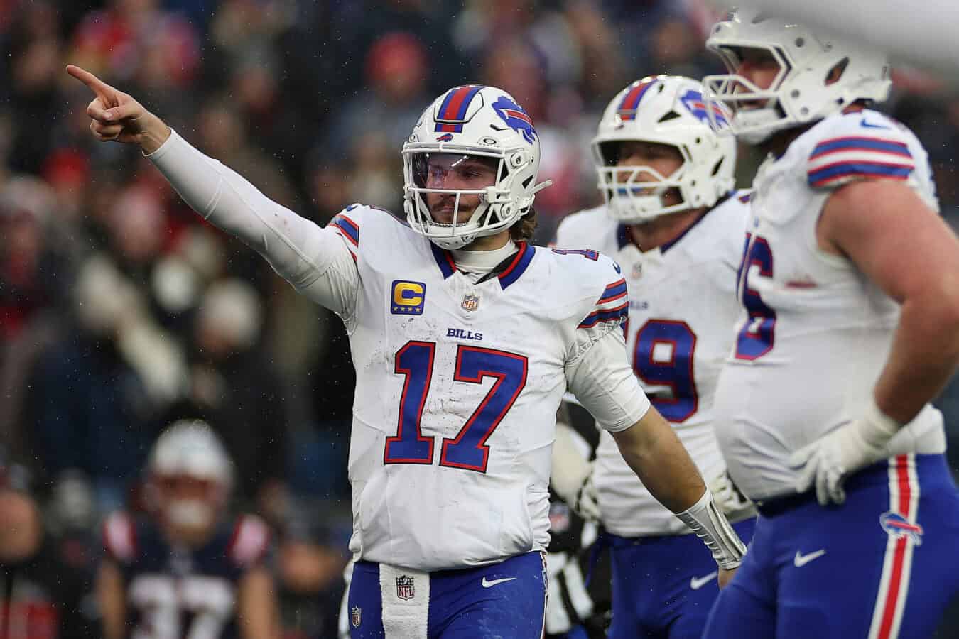 FOXBOROUGH, MASSACHUSETTS - DECEMBER 14: Josh Allen #17 of the Buffalo Bills reacts during the third quarter against the New England Patriots at Gillette Stadium on December 14, 2025 in Foxborough, Massachusetts.