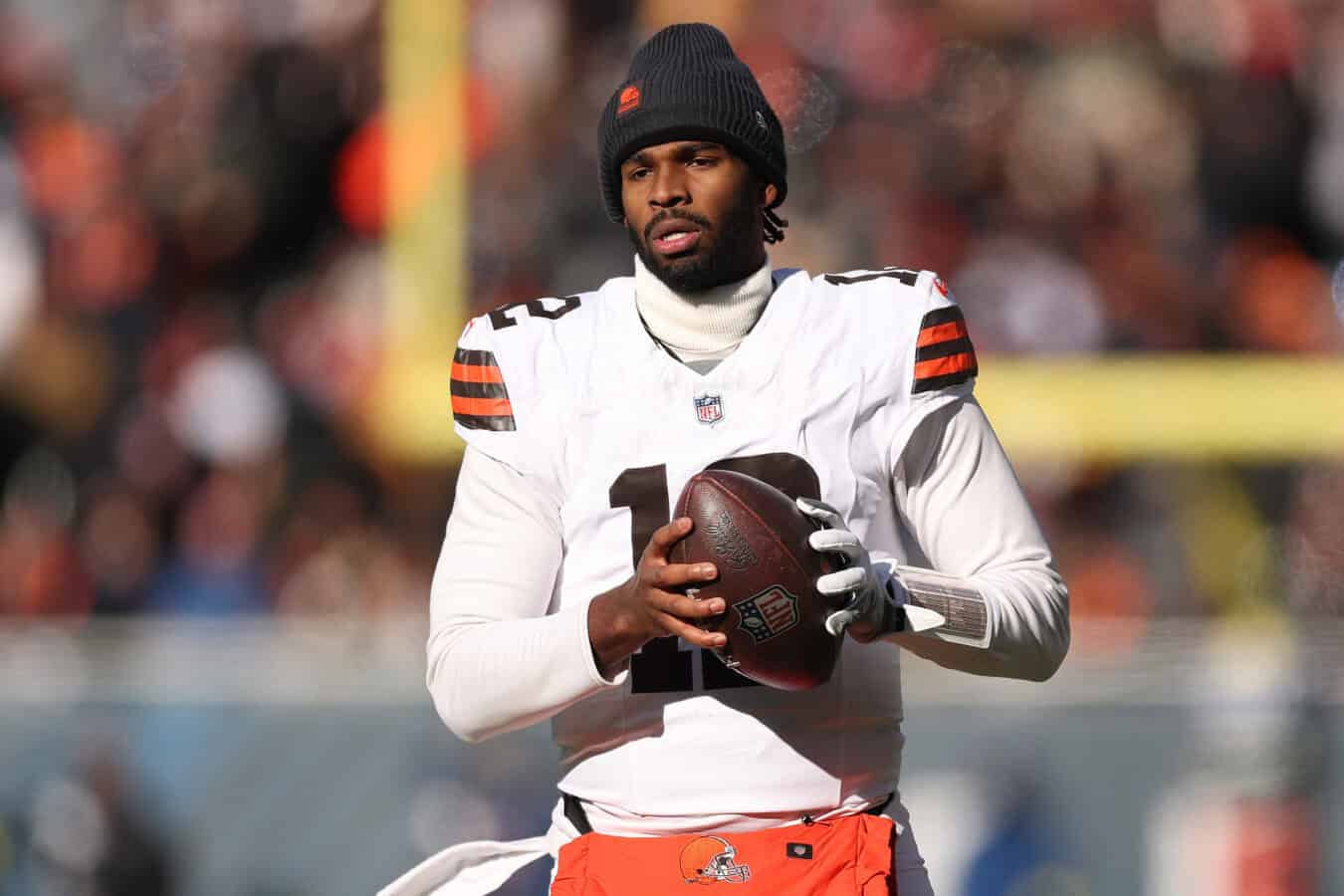 CHICAGO, ILLINOIS - DECEMBER 14: Shedeur Sanders #12 of the Cleveland Browns warms up prior to the game against the Chicago Bears at Soldier Field on December 14, 2025 in Chicago, Illinois.