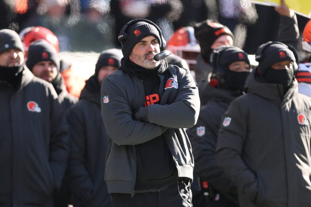 CHICAGO, ILLINOIS - DECEMBER 14: Kevin Stefanski of the Cleveland Browns looks on during the first quarter of a game against the Chicago Bears at Soldier Field on December 14, 2025 in Chicago, Illinois.
