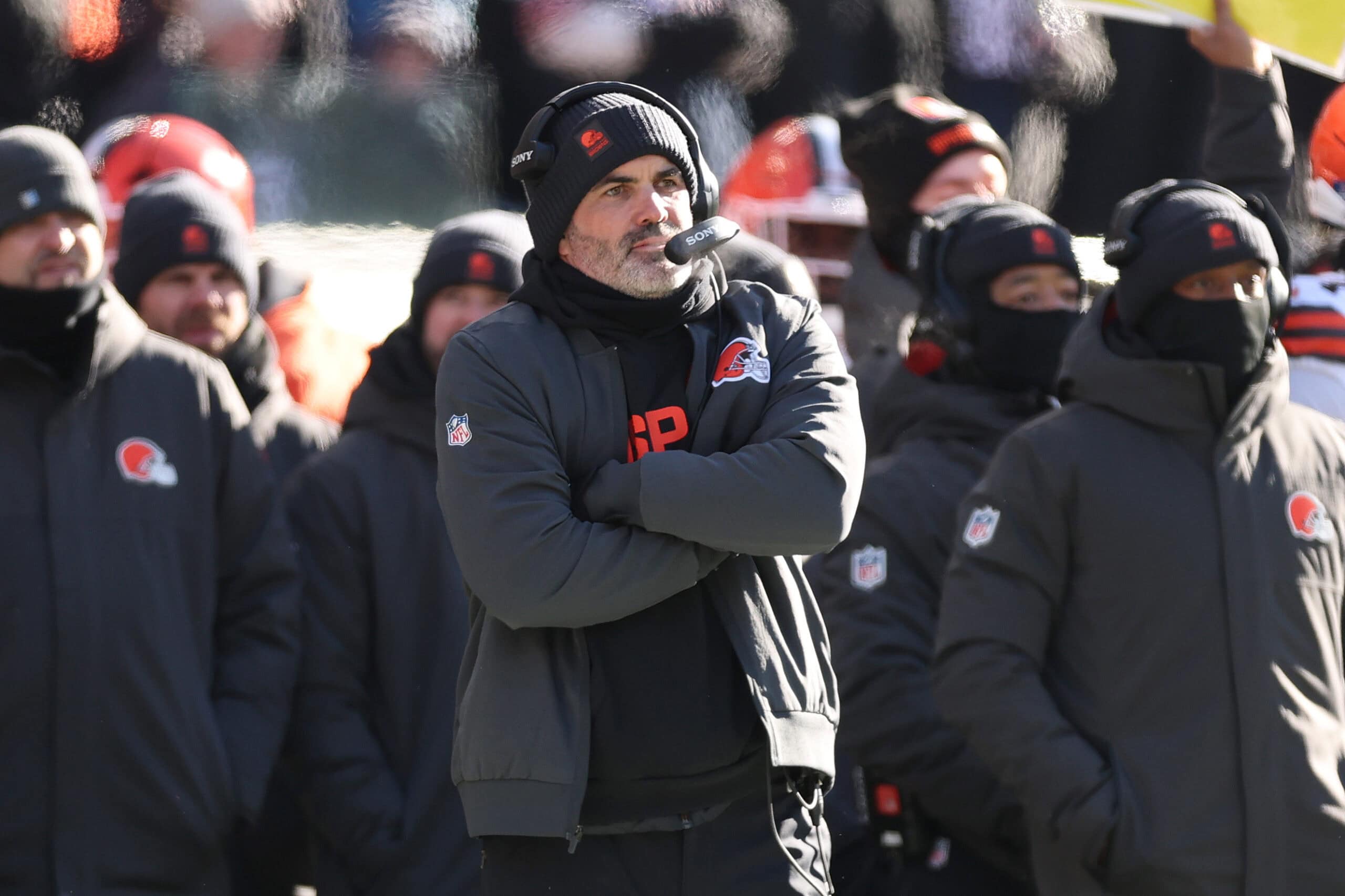 CHICAGO, ILLINOIS - DECEMBER 14: Kevin Stefanski of the Cleveland Browns looks on during the first quarter of a game against the Chicago Bears at Soldier Field on December 14, 2025 in Chicago, Illinois.