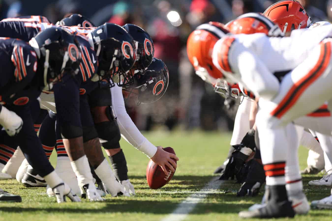 CHICAGO, ILLINOIS - DECEMBER 14: A detail of a line of scrimmage during the first quarter between the Chicago Bears and the Cleveland Browns at Soldier Field on December 14, 2025 in Chicago, Illinois.