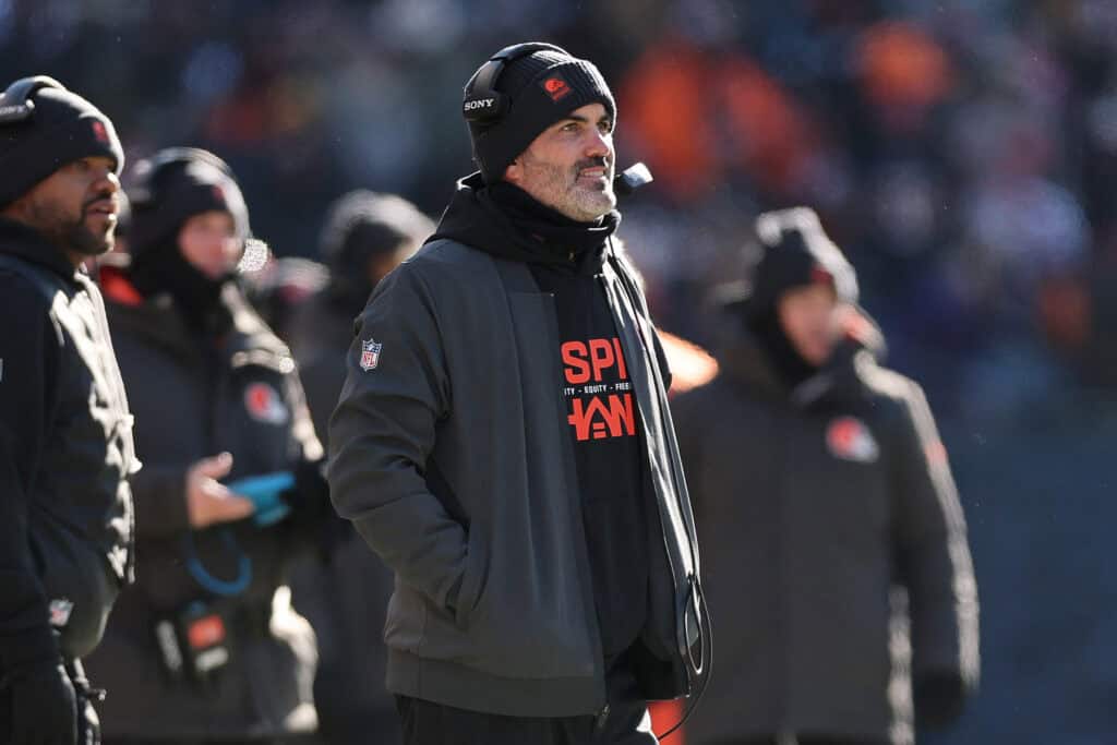 CHICAGO, ILLINOIS - DECEMBER 14: Kevin Stefanski of the Cleveland Browns looks on during the first quarter of a game against the Chicago Bears at Soldier Field on December 14, 2025 in Chicago, Illinois.
