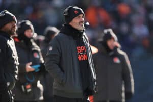 CHICAGO, ILLINOIS - DECEMBER 14: Kevin Stefanski of the Cleveland Browns looks on during the first quarter of a game against the Chicago Bears at Soldier Field on December 14, 2025 in Chicago, Illinois.