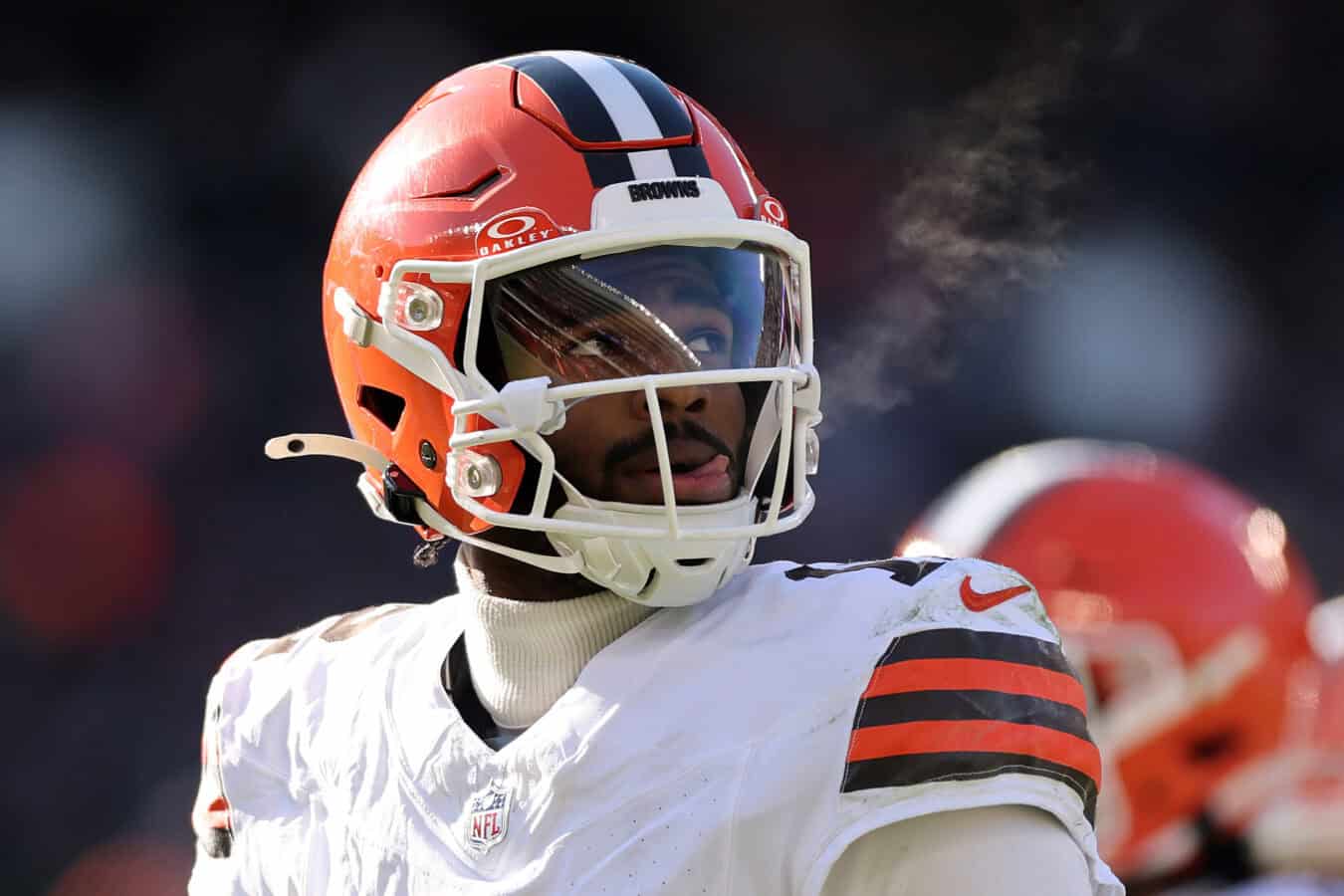 CHICAGO, ILLINOIS - DECEMBER 14: Shedeur Sanders #12 of the Cleveland Browns reacts against the Chicago Bears at Soldier Field on December 14, 2025 in Chicago, Illinois