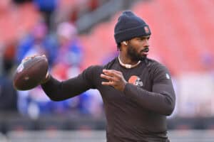 CLEVELAND, OHIO - DECEMBER 21: Shedeur Sanders #12 of the Cleveland Browns warms up prior to the game against the Buffalo Bills at Huntington Bank Field on December 21, 2025 in Cleveland, Ohio.