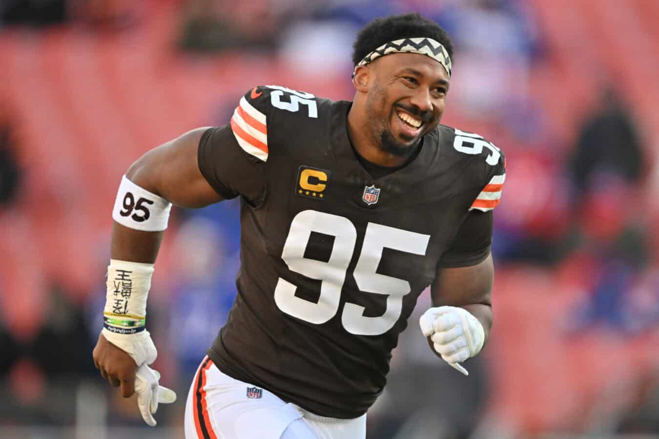 CLEVELAND, OHIO - DECEMBER 21: Myles Garrett #95 of the Cleveland Browns runs on field during warm ups prior to the game against the Buffalo Bills Huntington Bank Field on December 21, 2025 in Cleveland, Ohio.