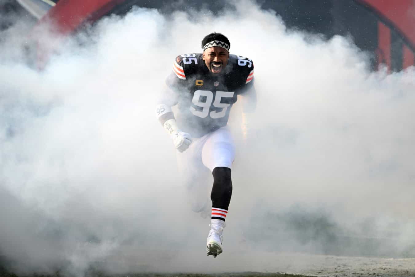 CLEVELAND, OHIO - DECEMBER 21: Myles Garrett #95 of the Cleveland Browns runs on to the field for the game against the Buffalo Bills at Huntington Bank Field on December 21, 2025 in Cleveland, Ohio.