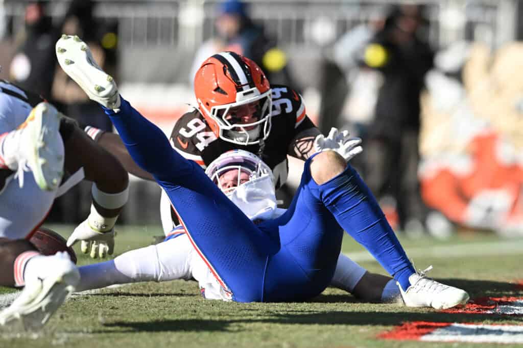 CLEVELAND, OHIO - DECEMBER 21: Josh Allen #17 of the Buffalo Bills is sacked by Mason Graham #94 of the Cleveland Browns in the second quarter of the game at Huntington Bank Field on December 21, 2025 in Cleveland, Ohio