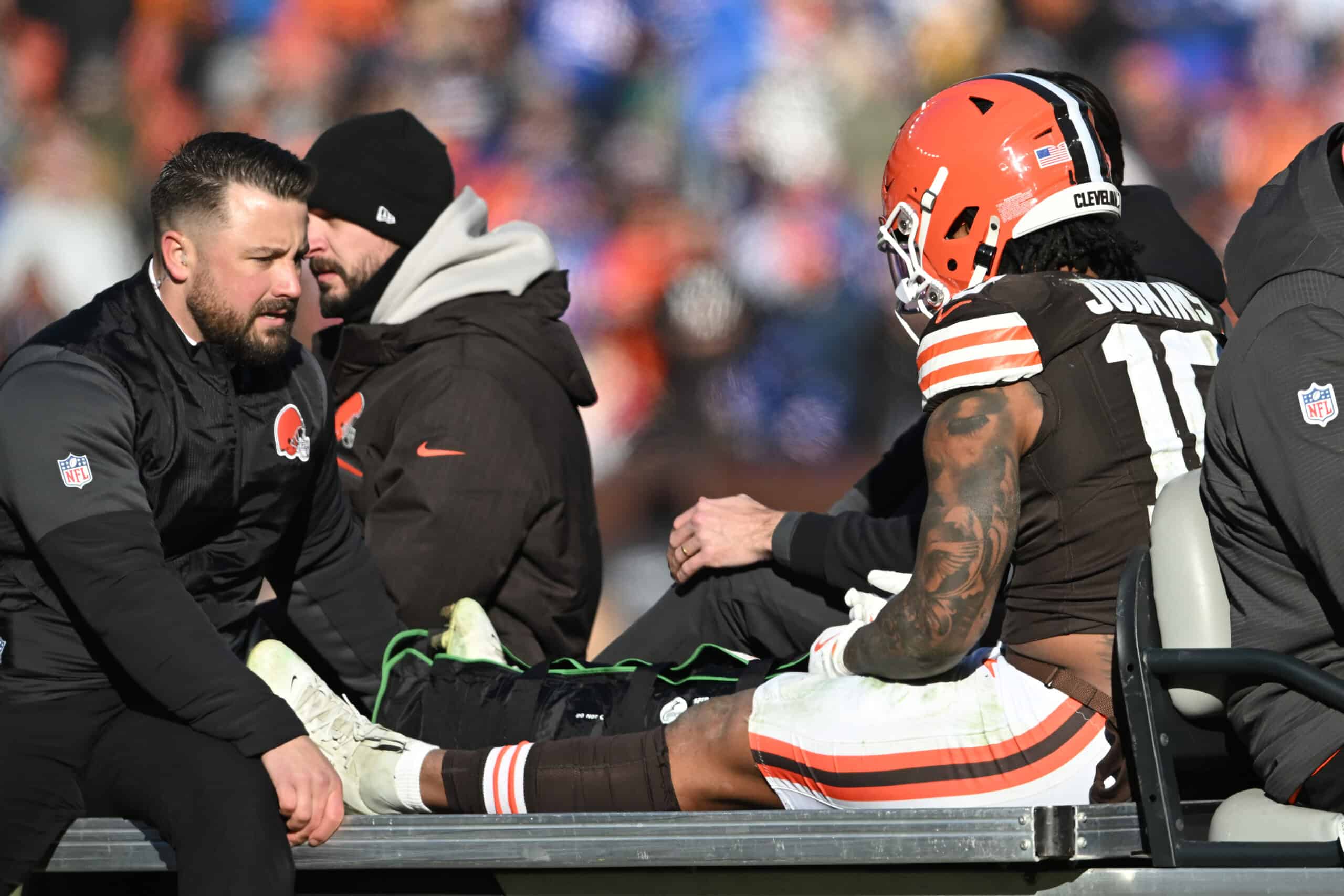 CLEVELAND, OHIO - DECEMBER 21: Quinshon Judkins #10 of the Cleveland Browns is carted off in the second quarter of the game against the Buffalo Bills at Huntington Bank Field on December 21, 2025 in Cleveland, Ohio.