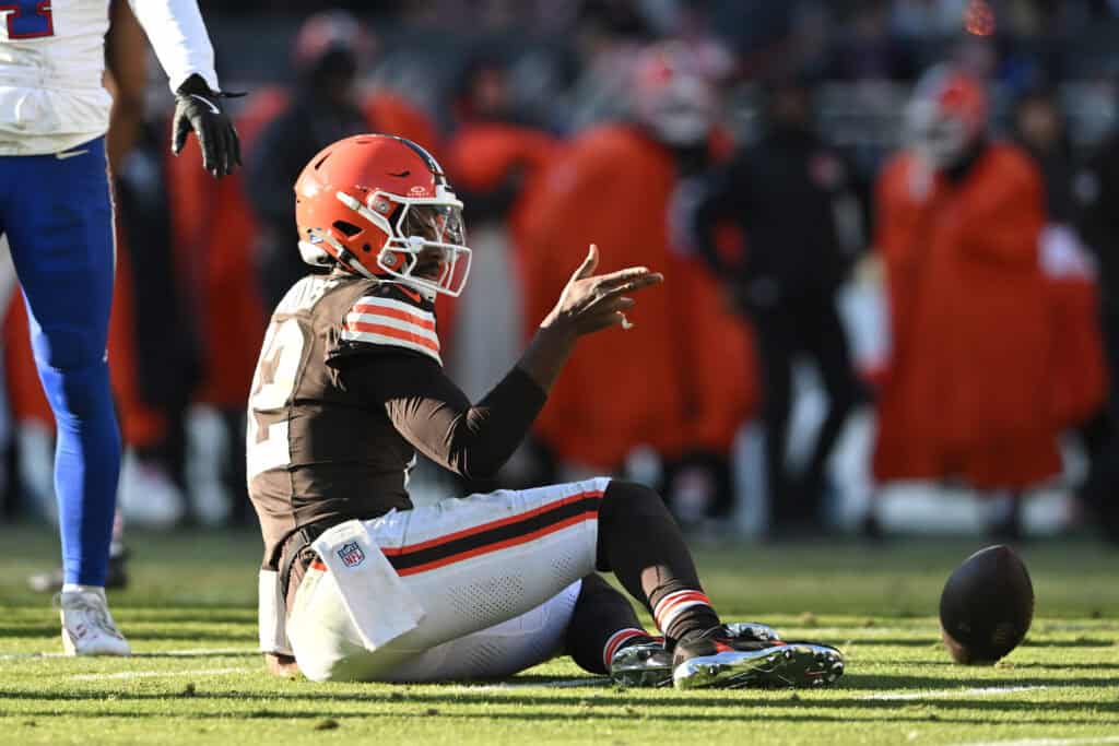 CLEVELAND, OHIO - DECEMBER 21: Shedeur Sanders #12 of the Cleveland Browns celebrates a first down run against the defense of the Buffalo Bills in the third quarter of the game at Huntington Bank Field on December 21, 2025 in Cleveland, Ohio.