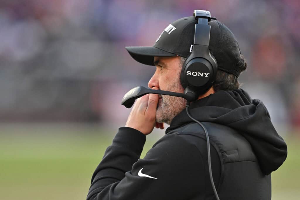 CLEVELAND, OHIO - DECEMBER 21: Head coach Kevin Stefanski of the Cleveland Browns looks on in the fourth quarter of the game against the Buffalo Bills at Huntington Bank Field on December 21, 2025 in Cleveland, Ohio.