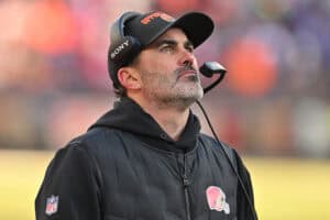CLEVELAND, OHIO - DECEMBER 21: Head coach Kevin Stefanski of the Cleveland Browns looks on in the fourth quarter of the game against the Buffalo Bills at Huntington Bank Field on December 21, 2025 in Cleveland, Ohio.