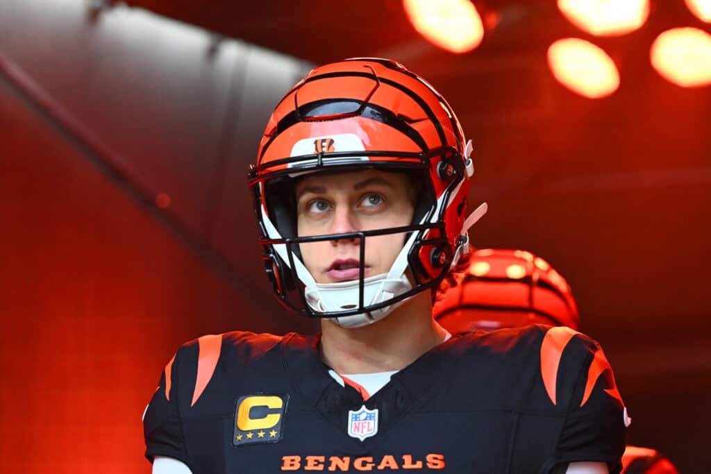 CINCINNATI, OHIO - DECEMBER 28: Joe Burrow #9 of the Cincinnati Bengals walks out for warms ups prior to a game against the Arizona Cardinals at Paycor Stadium on December 28, 2025 in Cincinnati, Ohio.