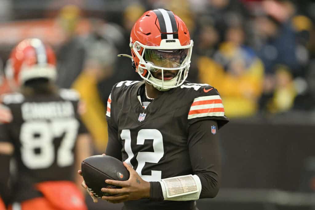 CLEVELAND, OHIO - DECEMBER 28: Shedeur Sanders #12 of the Cleveland Browns warms up prior to the game against the Pittsburgh Steelers at Huntington Bank Field on December 28, 2025 in Cleveland, Ohio.