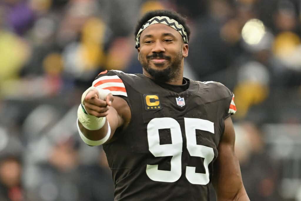 CLEVELAND, OHIO - DECEMBER 28: Myles Garrett #95 of the Cleveland Browns reacts prior to the game against the Pittsburgh Steelers at Huntington Bank Field on December 28, 2025 in Cleveland, Ohio.