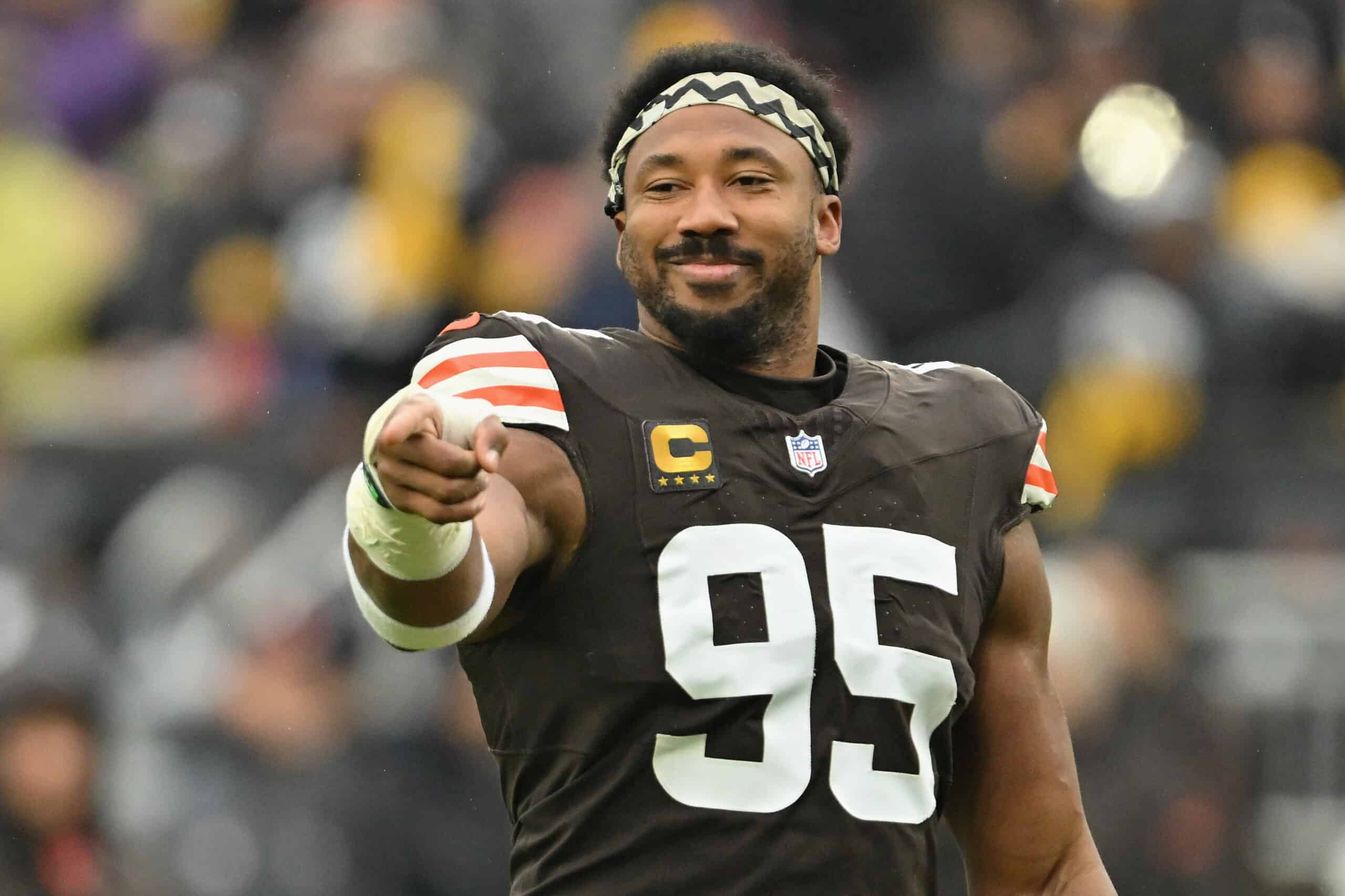 CLEVELAND, OHIO - DECEMBER 28: Myles Garrett #95 of the Cleveland Browns reacts prior to the game against the Pittsburgh Steelers at Huntington Bank Field on December 28, 2025 in Cleveland, Ohio.