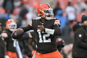 CLEVELAND, OHIO - DECEMBER 28: Shedeur Sanders #12 of the Cleveland Browns warms up prior to the game against the Pittsburgh Steelers at Huntington Bank Field on December 28, 2025 in Cleveland, Ohio.