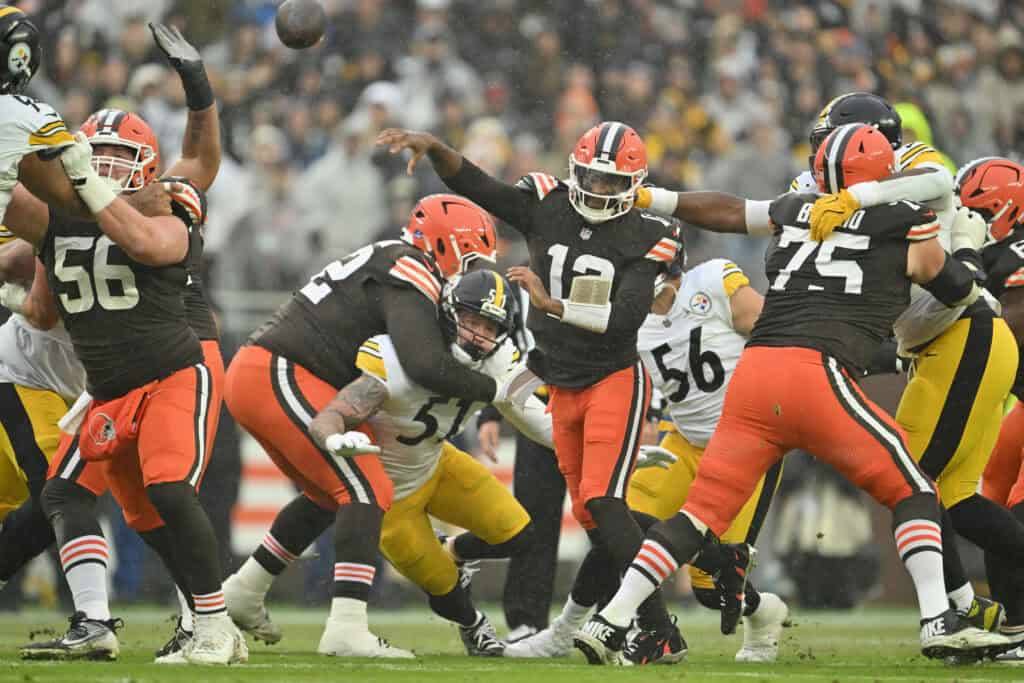 CLEVELAND, OHIO - DECEMBER 28: Shedeur Sanders #12 of the Cleveland Browns passes the ball during the first quarter of the game against the Pittsburgh Steelers at Huntington Bank Field on December 28, 2025 in Cleveland, Ohio.